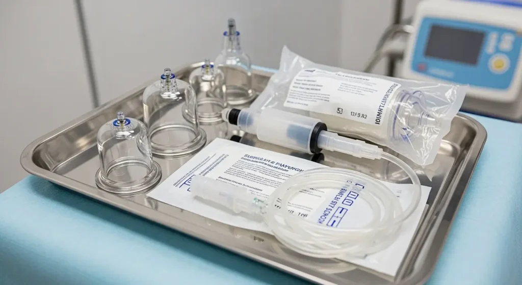 أدوات حجامة معقمة في عبوات مغلقة على صينية طبية نظيفة