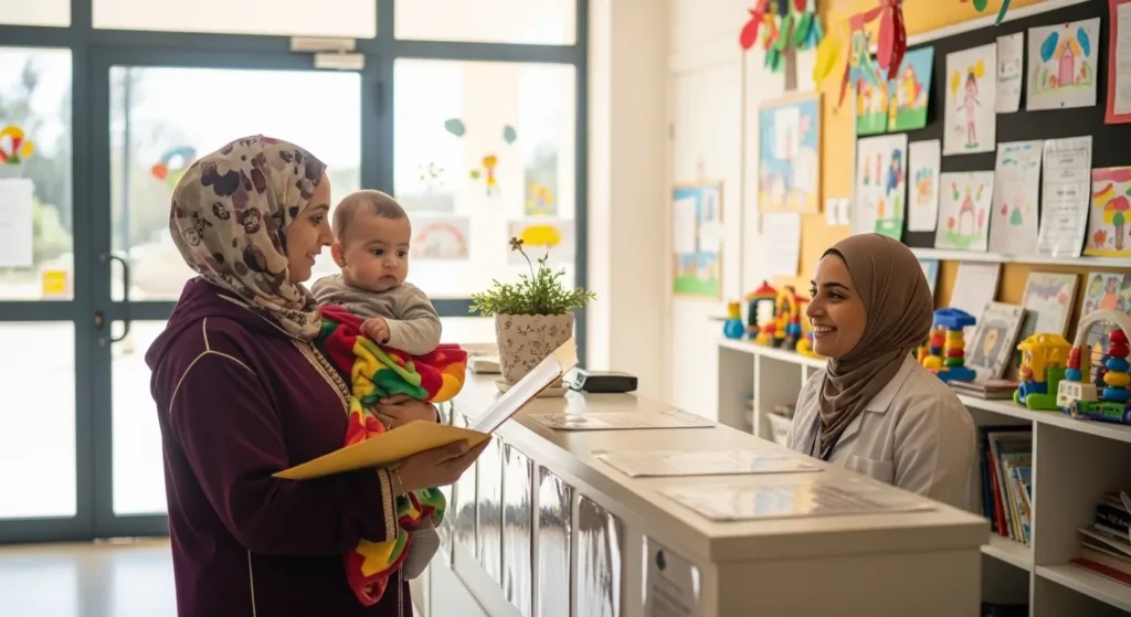 أم مغربية تحمل وثائق تسجيل طفلها في الحضانة