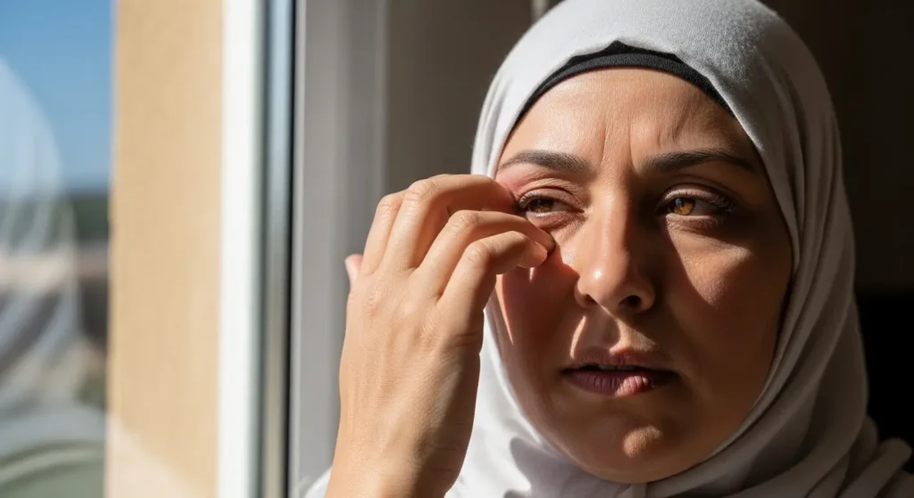 امرأة مغربية تعاني من ألم في العين في المنزل