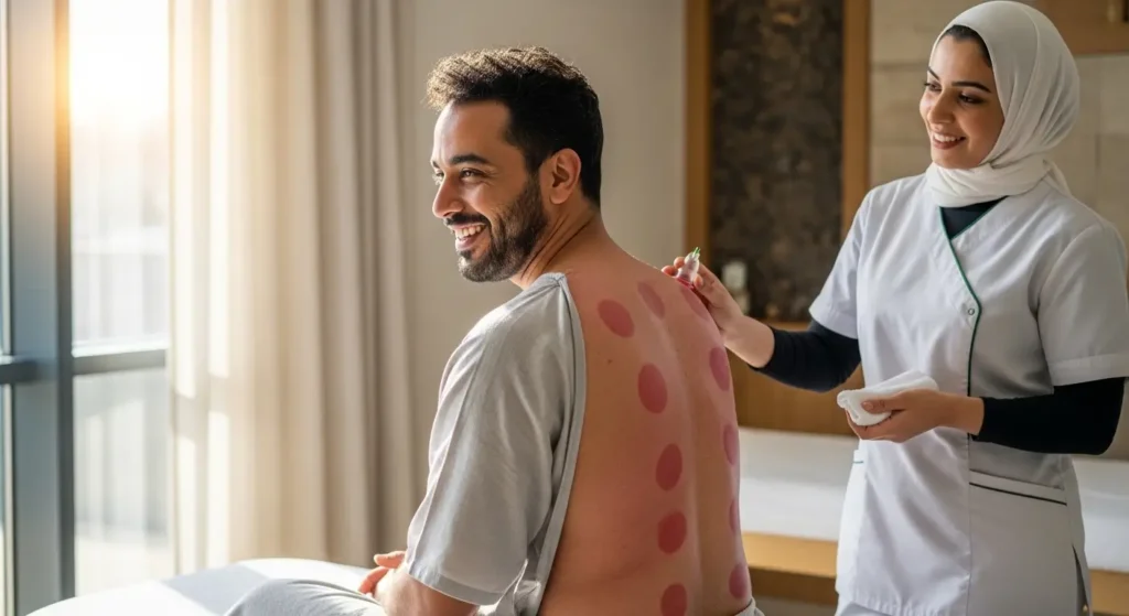 امرأة مغربية مبتسمة ومرتاحة بعد جلسة حجامة ناجحة في مركز عافية