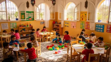 - ثمن الحضانة بالمغرب حضانة مغربية نظيفة ومشرقة مع أطفال يلعبون