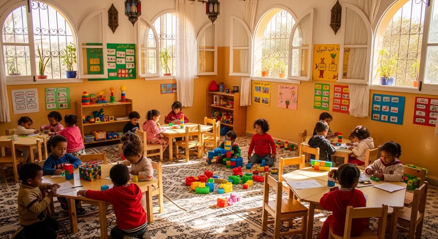 - ثمن الحضانة بالمغرب حضانة مغربية نظيفة ومشرقة مع أطفال يلعبون