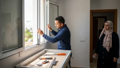 ثمن نجارة الألومنيوم بالمغرب نجار يركب نافذة ألومنيوم في شقة مغربية