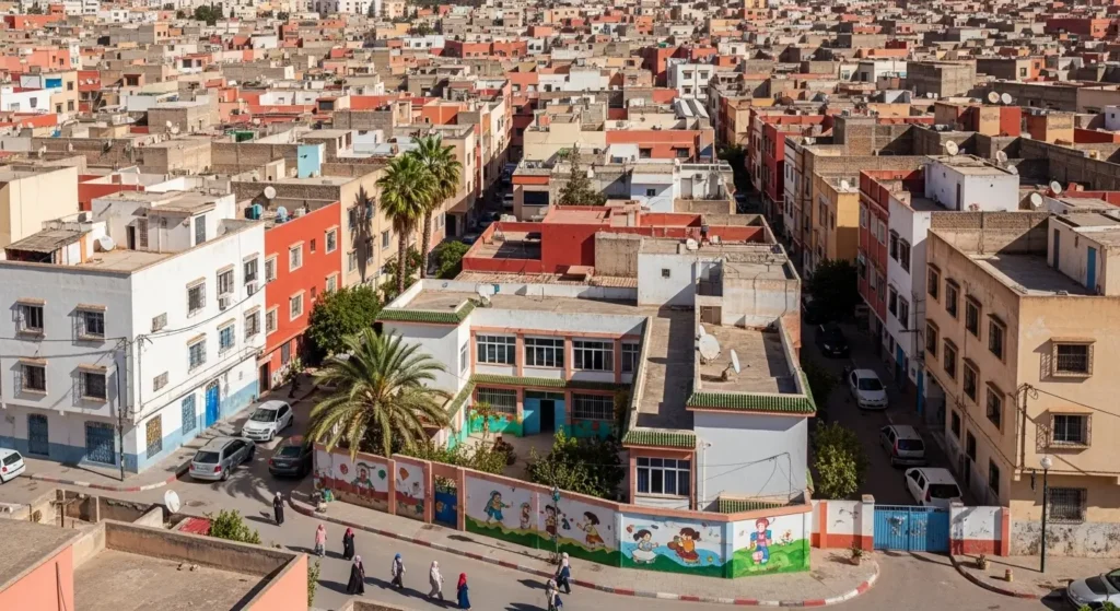 حي سكني مغربي يظهر فيه مبنى حضانة