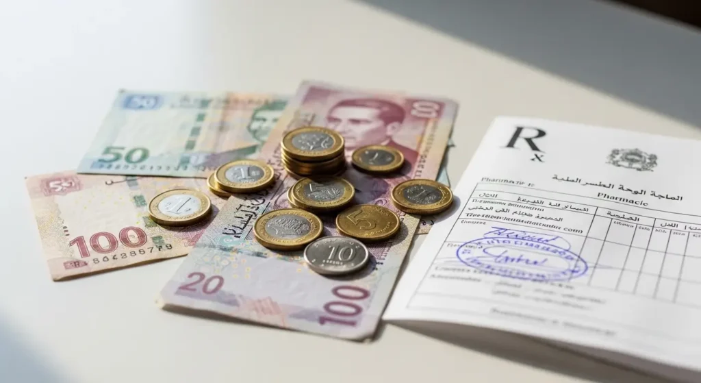 دراهم مغربية بجانب ورقة وصفة طبية ترمز إلى تكلفة الكشف الطبي