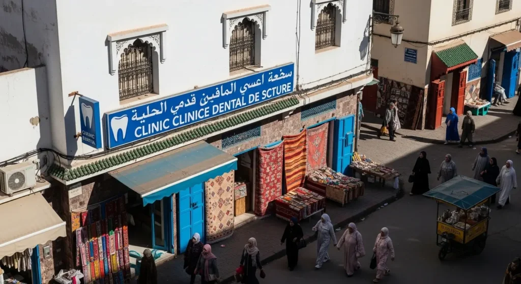 شارع مغربي يظهر فيه لافتة عيادة أسنان