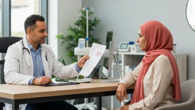 طبيب أخصائي أمراض الكلى يراجع نتائج التحاليل مع مريض في عيادة خاصة بالمغرب ثمن أخصائي أمراض الكلى بالمغرب