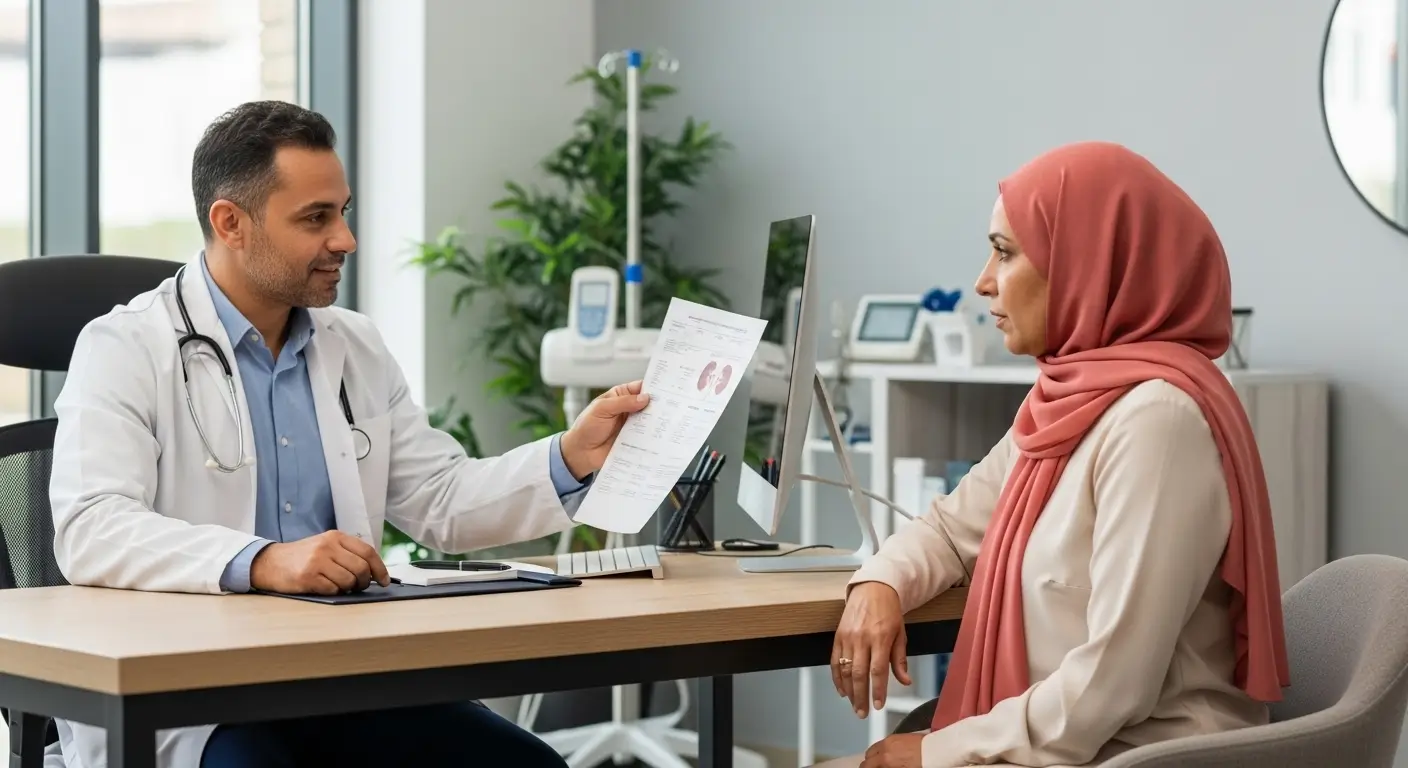 طبيب أخصائي أمراض الكلى يراجع نتائج التحاليل مع مريض في عيادة خاصة بالمغرب ثمن أخصائي أمراض الكلى بالمغرب