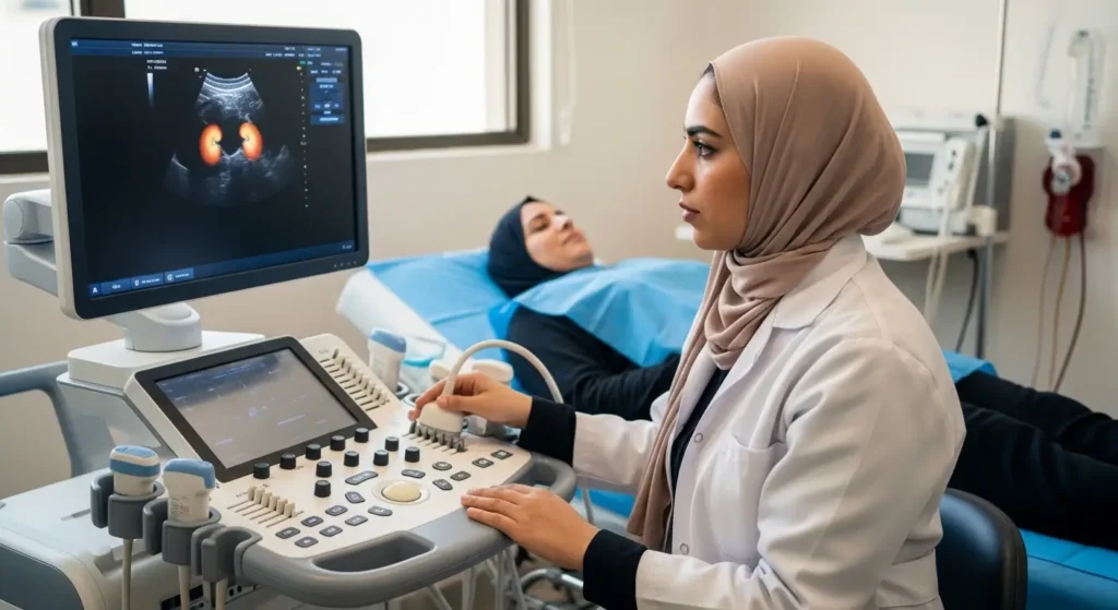 طبيب أخصائي كلى يجري إيكوغرافي كلوي لمريض في عيادة طبية بالمغرب