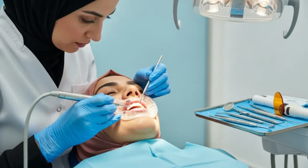 طبيب أسنان يقوم بحشو سن في عيادة مغربية