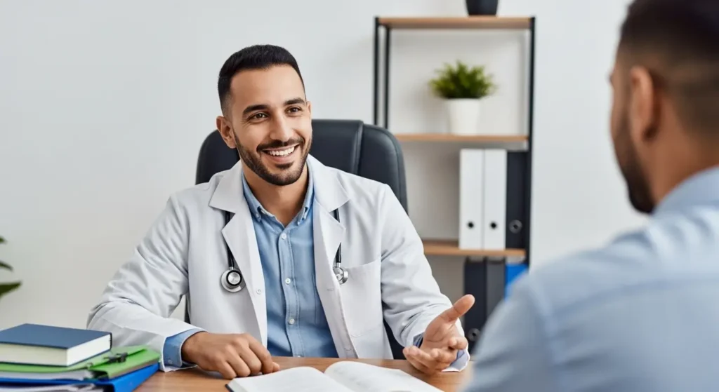 طبيب إصابات رياضي مغربي يجلس في مكتبه مع شهاداته على الجدار