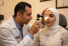 طبيب عيون مغربي يفحص مريضاً في عيادة ثمن طبيب عيون بالمغرب خاصة