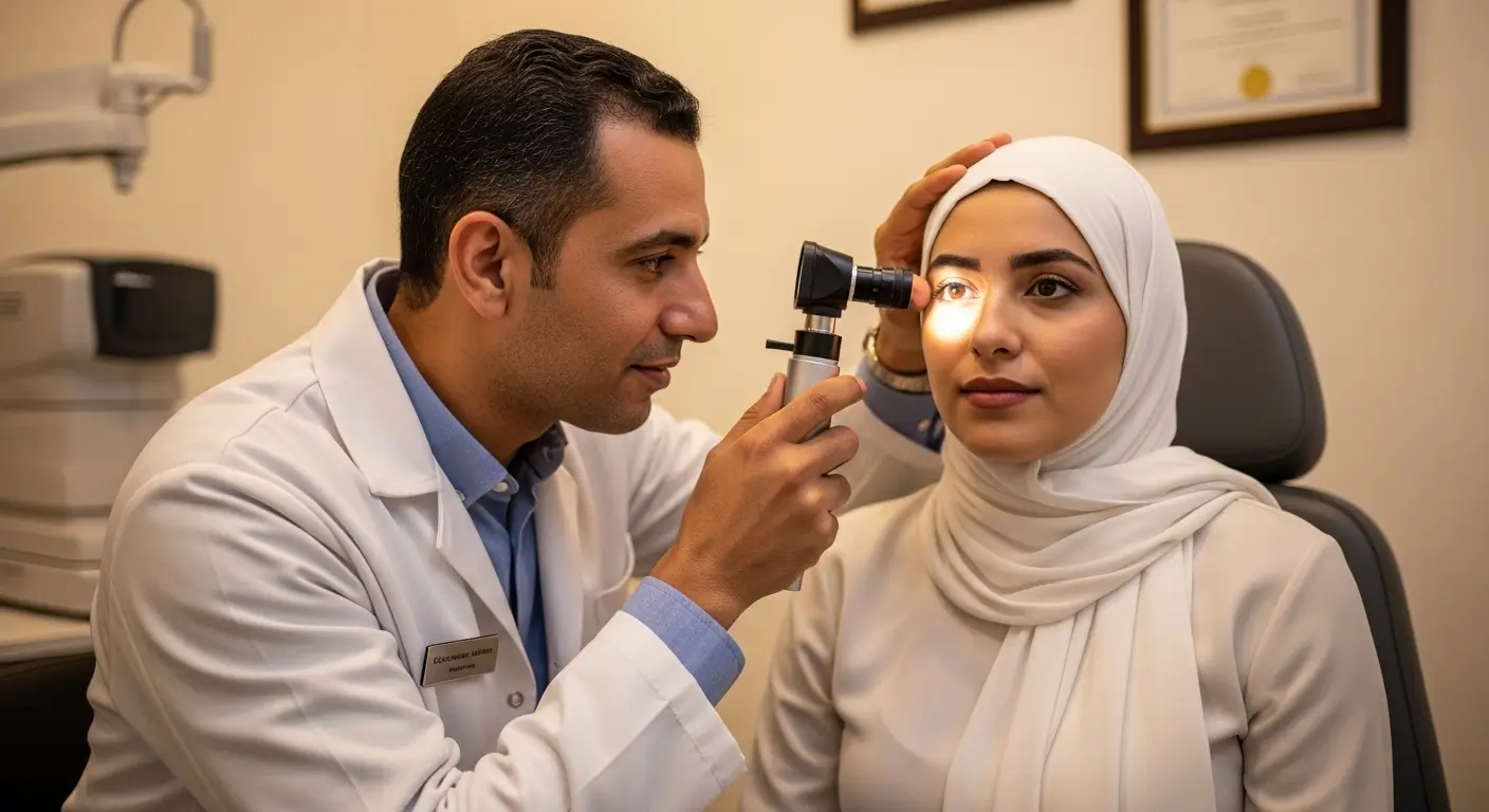 طبيب عيون مغربي يفحص مريضاً في عيادة ثمن طبيب عيون بالمغرب خاصة