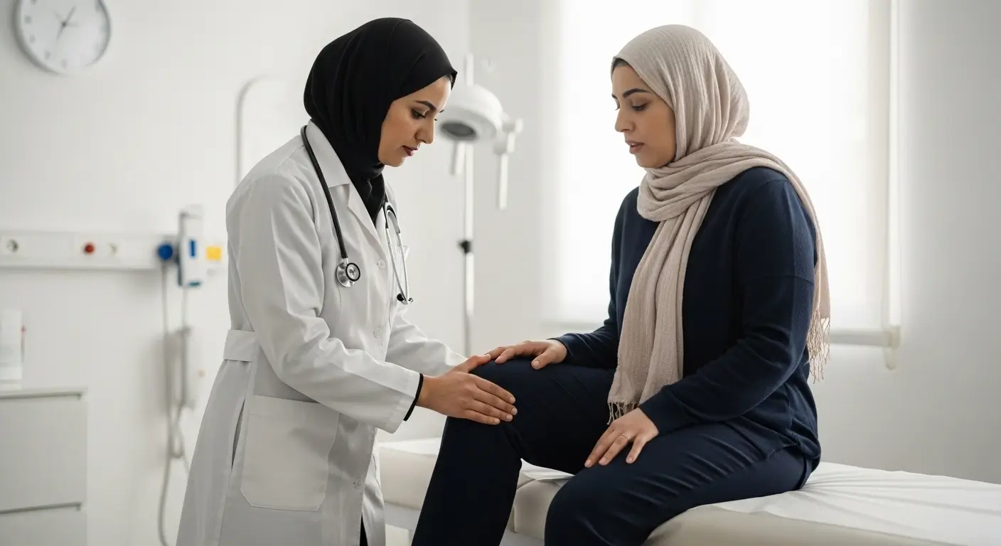 طبيب مغربي يفحص إصابة في الركبة داخل عيادة ثمن طب الإصابات بالمغرب خاصة