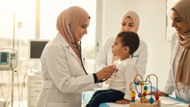 طبيبة أطفال مغربية تفحص طفلاً صغيراً في عيادة حديثة