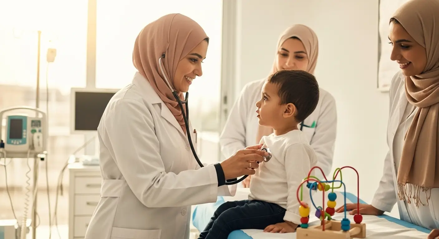 طبيبة أطفال مغربية تفحص طفلاً صغيراً في عيادة حديثة