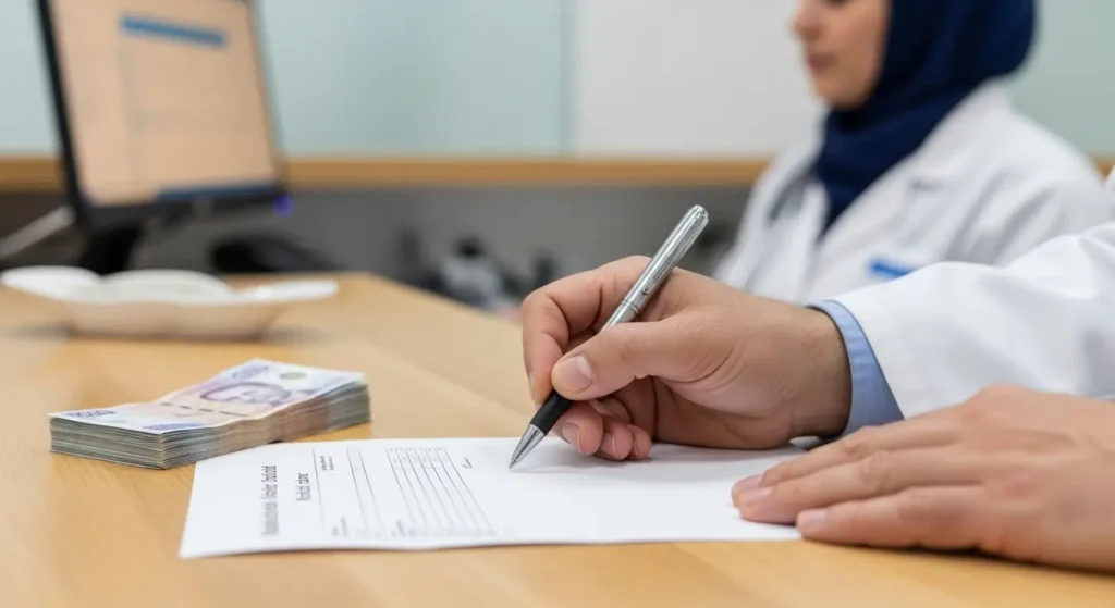 فاتورة طبية وأوراق نقدية بالدرهم المغربي على مكتب عيادة