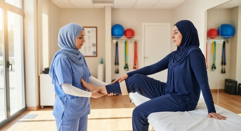 مريض يُجري تمارين إعادة تأهيل الركبة مع معالج فيزيائي في عيادة مغربية