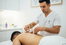 معالج حجامة مغربي محترف يضع الكؤوس على ظهر ثمن الحجامة بالمغرب المريض في عيادة نظيفة