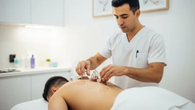 معالج حجامة مغربي محترف يضع الكؤوس على ظهر ثمن الحجامة بالمغرب المريض في عيادة نظيفة