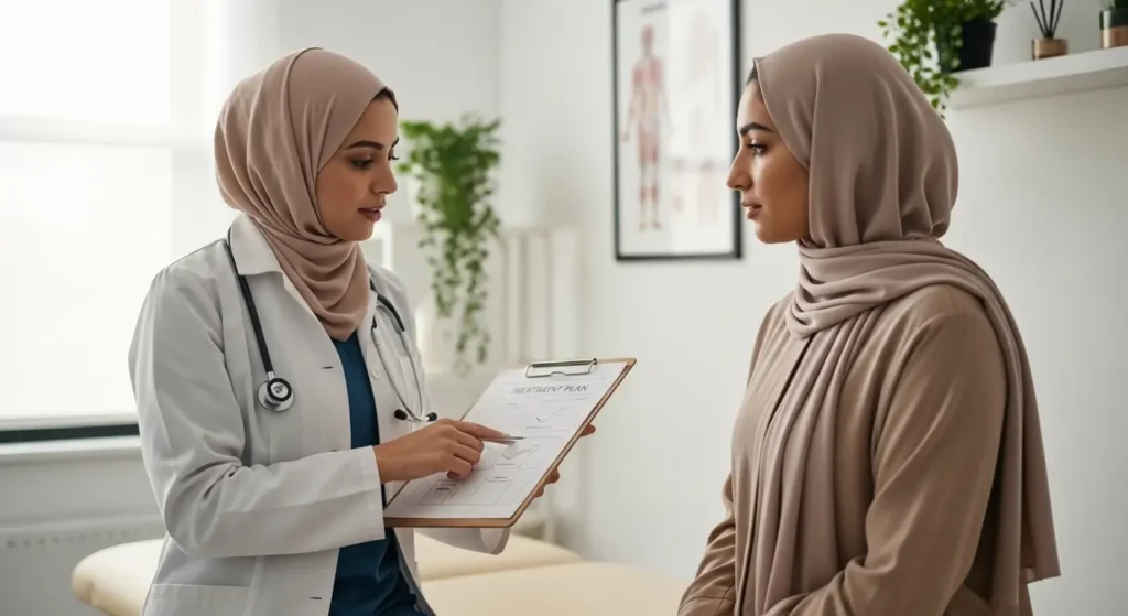 معالج فيزيائي مغربي يشرح خطة العلاج لمريضه في العيادة