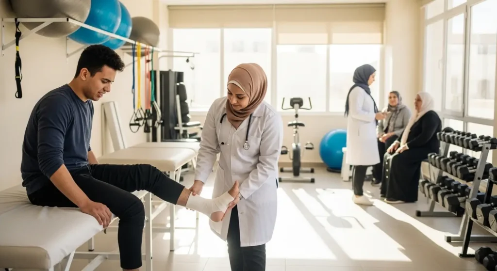 معالج فيزيائي يعالج إصابة في كاحل مريض داخل عيادة تأهيل