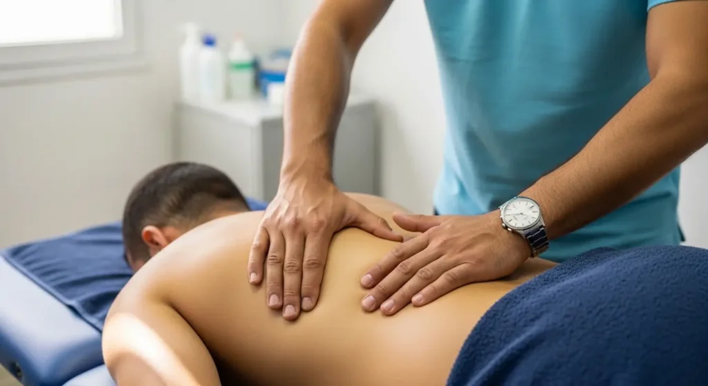 معالج فيزيائي يُجري جلسة علاج يدوي لألم الظهر في المغرب