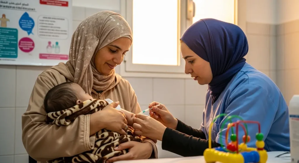 ممرضة تعطي لقاحاً لرضيع في مركز صحي مغربي