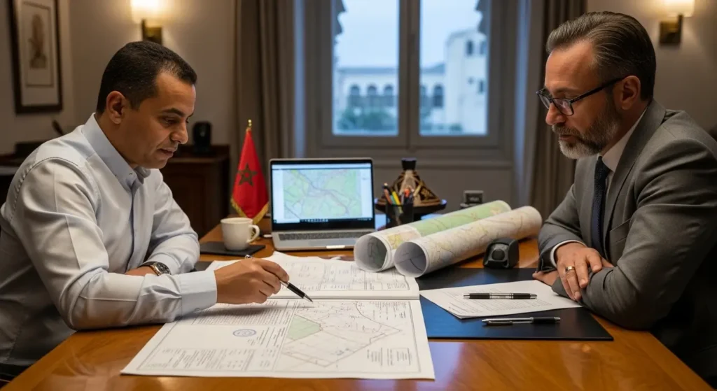 مواطن مغربي يراجع وثائق الملف الطبوغرافي مع مساح معتمد في مكتبه