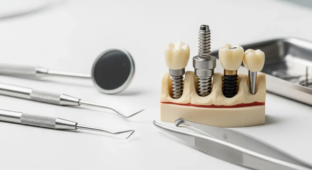 نموذج زرعة أسنان تيتانيوم بجانب أدوات طبية