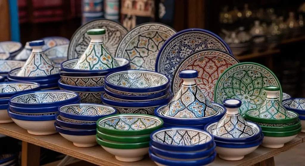 أواني فخار مغربي أصيلة معروضة في سوق تقليدي بزخارف هندسية ملونة