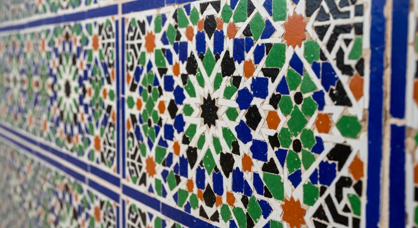 الزليج المغربي ـ زليج مغربي تقليدي بألوان زرقاء وخضراء على جدار فاسي
