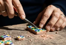 الصناعات التقليدية المغربية - صانع تقليدي مغربي يقطع قطعة زليج يدوياً