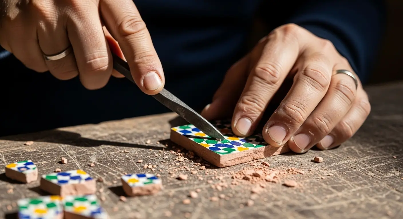 الصناعات التقليدية المغربية - صانع تقليدي مغربي يقطع قطعة زليج يدوياً