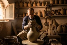 الفخار المغربي ـ حرفي مغربي يشكّل إناء فخارياً على اللولب التقليدي في ورشة بآسفي