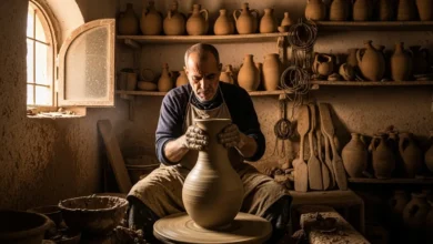 الفخار المغربي ـ حرفي مغربي يشكّل إناء فخارياً على اللولب التقليدي في ورشة بآسفي