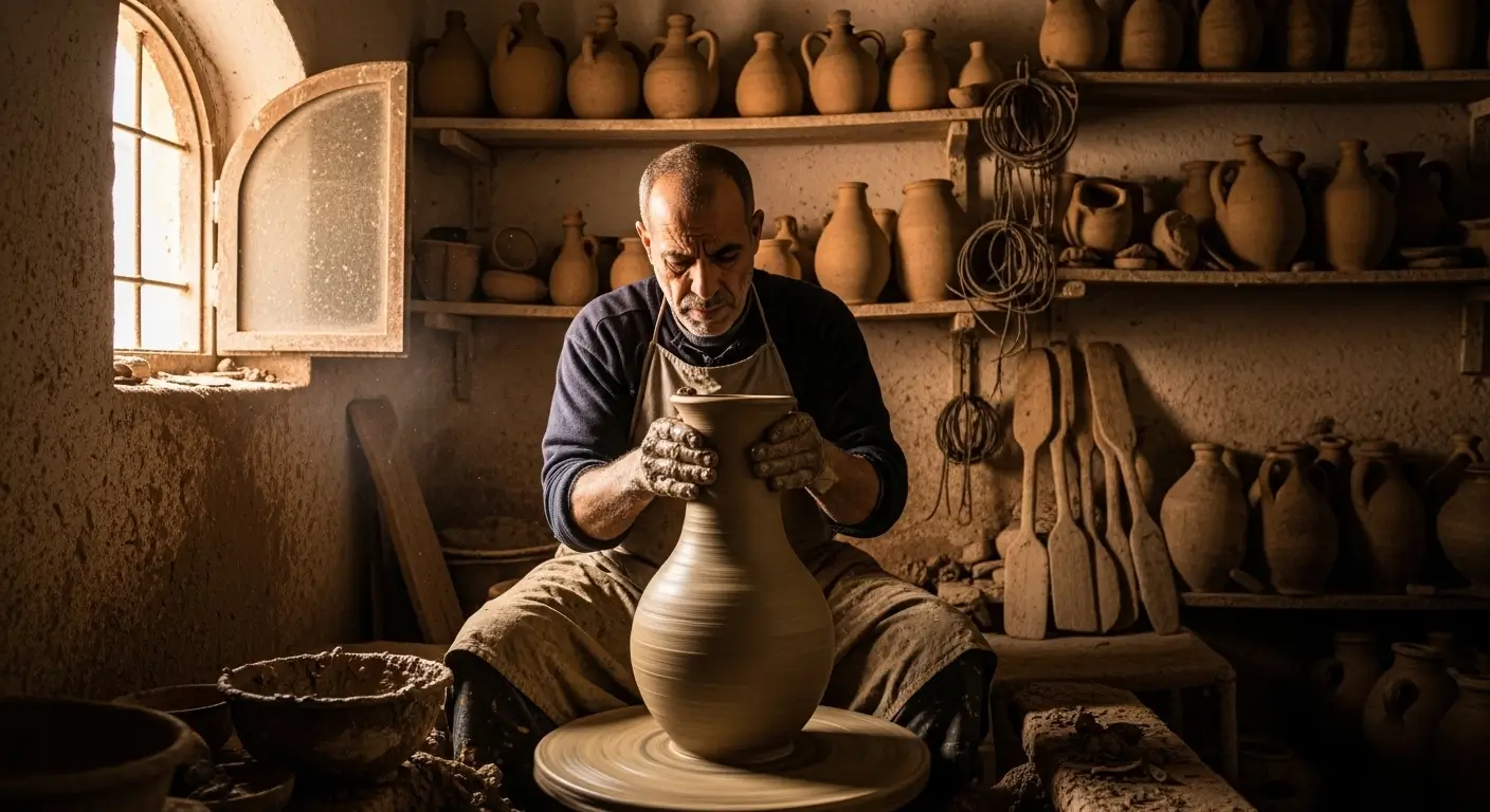 الفخار المغربي ـ حرفي مغربي يشكّل إناء فخارياً على اللولب التقليدي في ورشة بآسفي