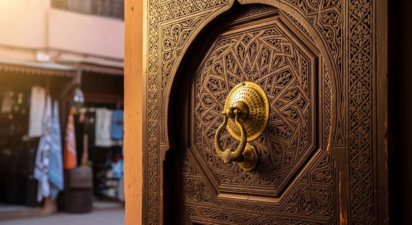 الفن المعماري المغربي - باب مغربي خشبي منقوش بزخارف هندسية تقليدية