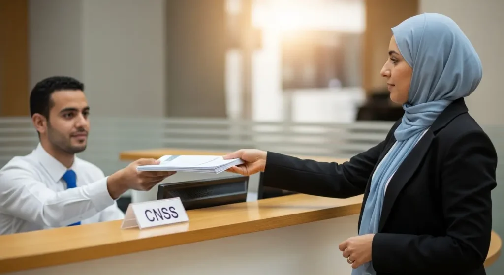 امرأة مغربية تقدم ملف التأمين في وكالة الضمان الاجتماعي