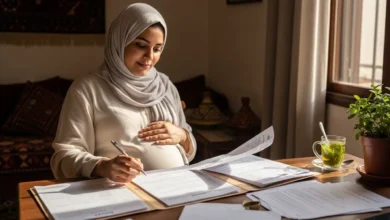 ثمن الولادة في المغرب - امرأة حامل مغربية تراجع وثائق طبية في المنزل