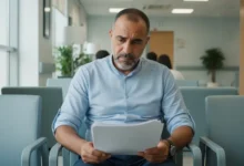 ثمن عملية الفتق في المغرب بالتفصيل الكامل - رجل مغربي في غرفة انتظار مستشفى يحمل أوراقاً طبية