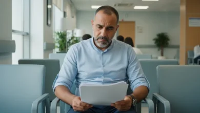 ثمن عملية الفتق في المغرب بالتفصيل الكامل - رجل مغربي في غرفة انتظار مستشفى يحمل أوراقاً طبية