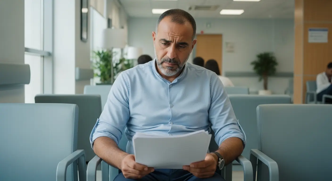 ثمن عملية الفتق في المغرب بالتفصيل الكامل - رجل مغربي في غرفة انتظار مستشفى يحمل أوراقاً طبية
