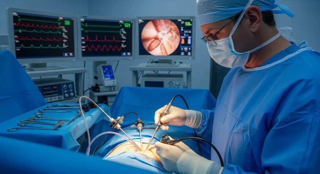 جراح يجري عملية فتق بالمنظار في غرفة عمليات حديثة