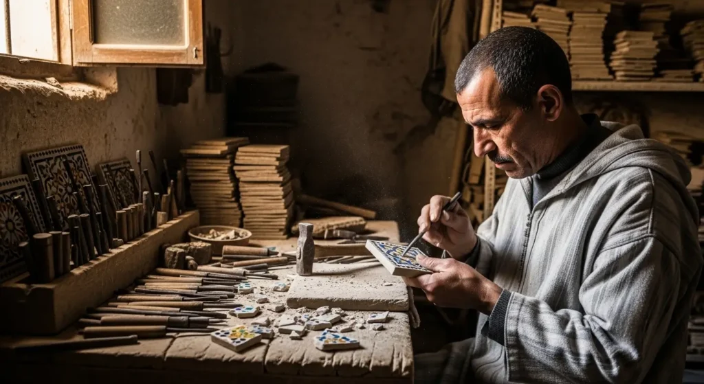 حرفي مغربي ينقش قطعة زليج يدوياً في ورشة تقليدية بفاس
