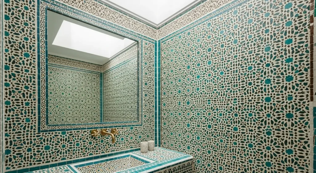 حمام رياض مغربي مكسو بالزليج التقليدي بألوان فيروزية وبيضاء