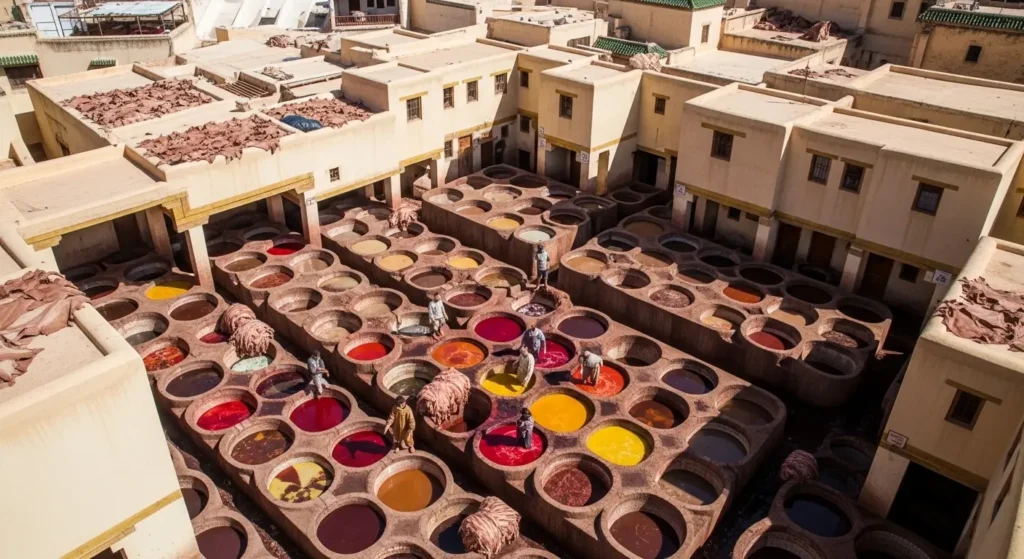 دباغة الشوارة في فاس من الأعلى بألوانها الزاهية