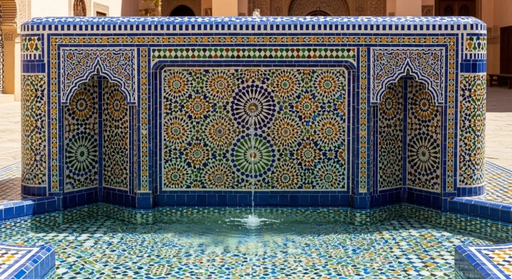 زليج مغربي تقليدي ملون على نافورة في مدينة فاس