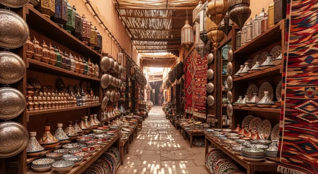 سوق تقليدي مغربي يعرض منتجات حرفية من نحاس وفخار وزرابي