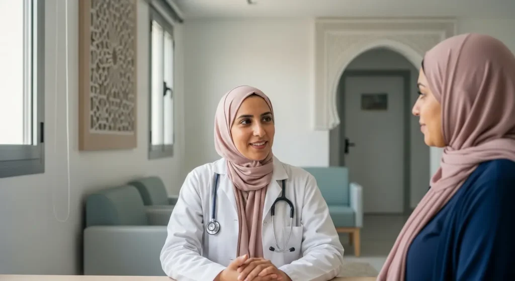 طبيبة مغربية تتحدث مع مريضة حامل في عيادة
